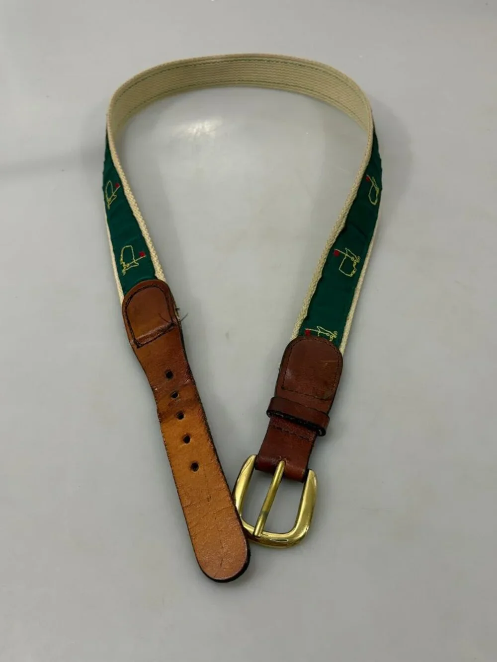 Augusta Masters Golf Tournament Ribbon Belt M Green Canvas Brown Leather Vintage